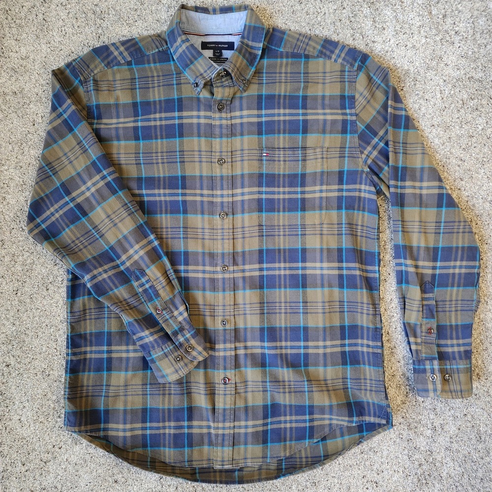 Tommy Hilfiger Button Down Shirt Mens Large Plaid Classic Fit Stretch Excellent